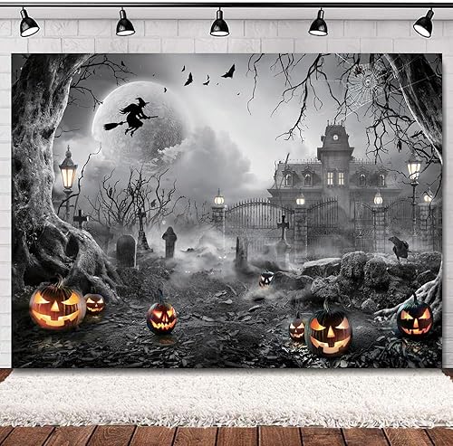 Miniatura 2 de Alltten Telón de fondo de Halloween de 7 x 5 pies, escena de cementerio embrujado, telón de fondo de fotografía de Halloween para fiesta temática de