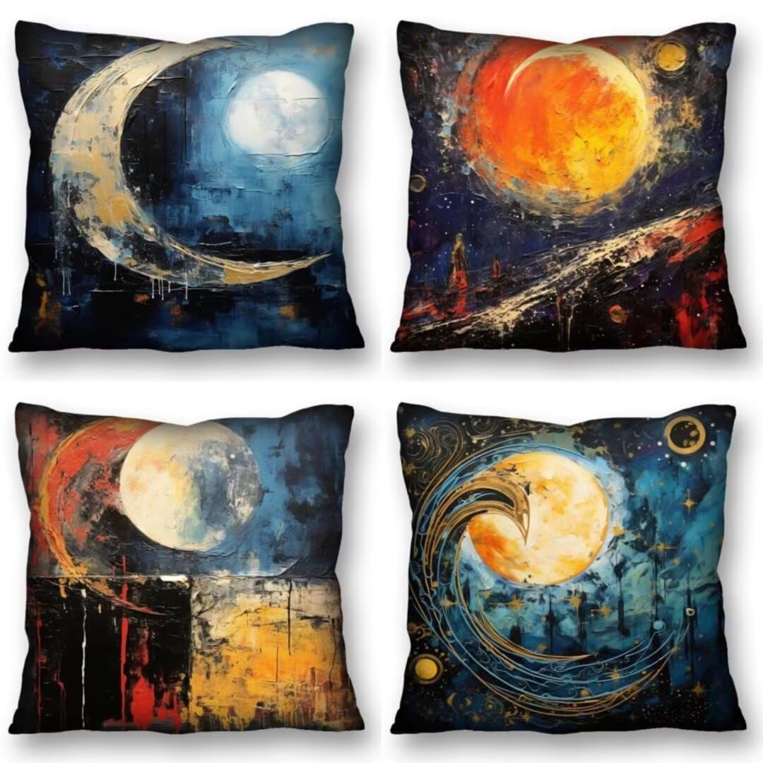 Juego de 4 Fundas de Cojines 70x70 cm Cojines luna cuadro Funda Cojin Cuadrados de Lino Fundas Cojines Sofá Cojines Decorativos para Salón Sofá Dormitorio Coche Jardín Silla Decoración del Hogar