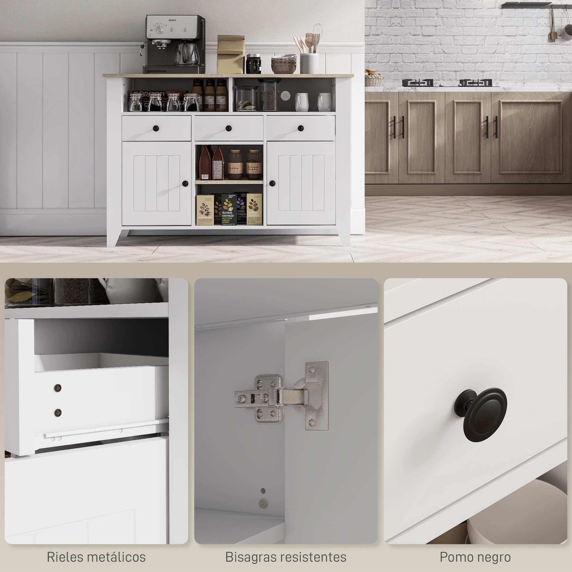 HOMCOM Aparador de Cocina Moderno 2 Puertas 120x38x81,5 cm Blanco y Roble | Mesa para Televisores de 50 Pulgadas, 3 Cajones, 2 Estantes Abiertas, 2 Estantes Regulables