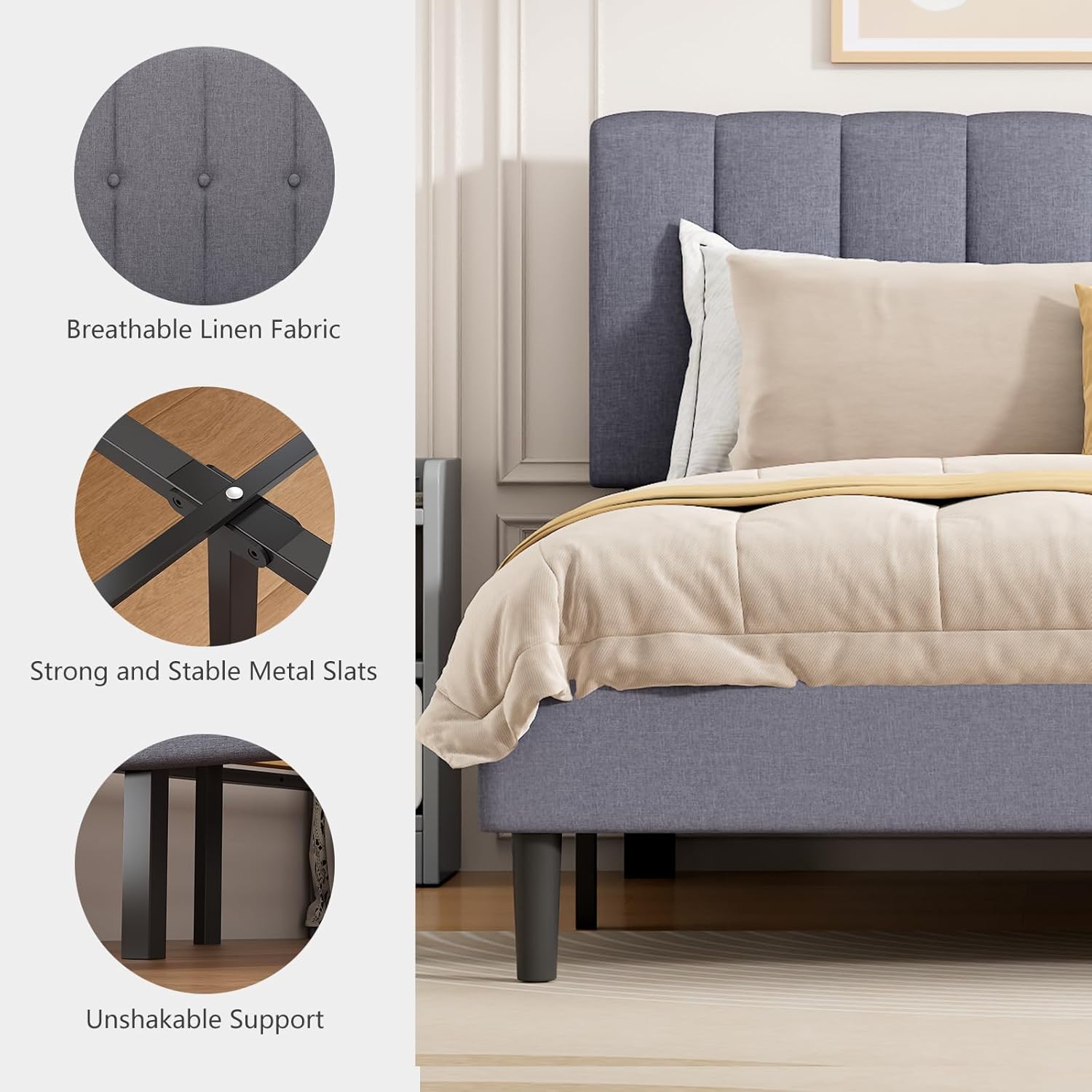 Bed Frame Twin with Adjustable Upholstered Headboard, Fully Upholstered with Storage and Wood Slats Support, Noise-Free Platform, No Box Spring Needed, Easy Assembly, Grey