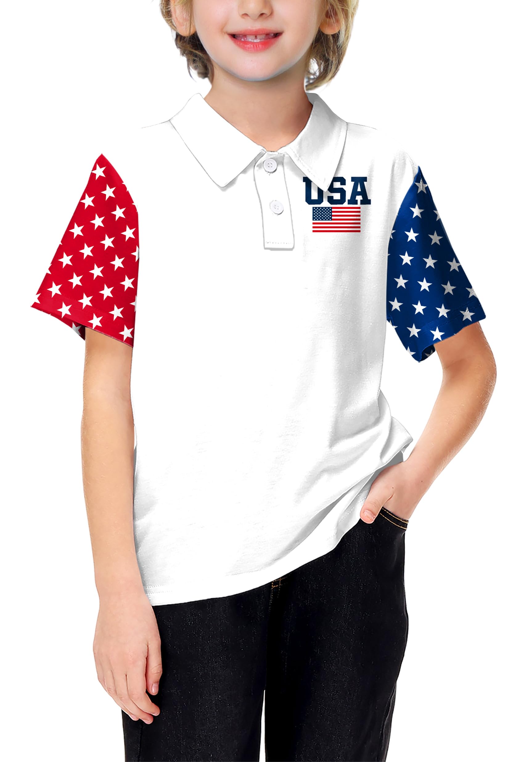 AOBUTE Kids 4th of July Polo American Flag Short Sleeve Button Down Shirts Tops 3-14 Years