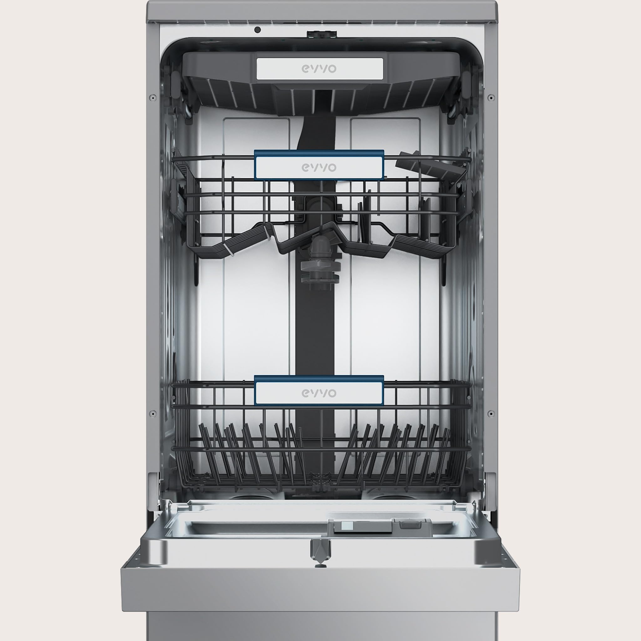 EVVO Lavavajillas D4 Slim 45 cm - Lavaplatos Libre Instalación, 11 Cubiertos, Eficiencia Clase C, 8 Programas con Modo Auto, Apertura Automática, Función Higiene y Media Carga. (Inox)