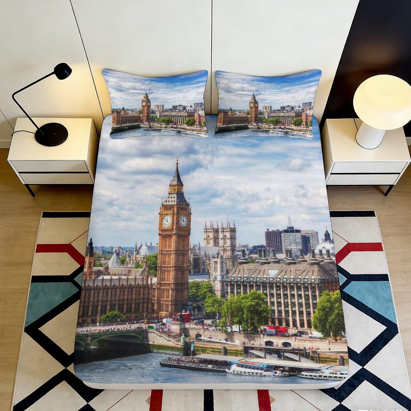 3D Printed London Cityscape Fitted Sheet Microfiber Soft Breathable Big Ben Bed Cover for Bedroom Guest Room Decor 90x200x25cm