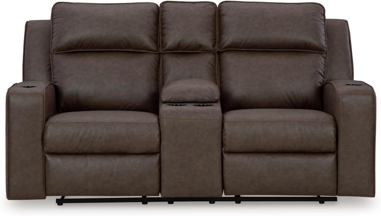 BOWERY HILL Contemporary Reclining Loveseat with Console, 77" W x 42" D x 43" H, Faux Leather Upholstery, Brown Finish, High-Resiliency Foam, Dual Cup Holders, Padded Center Console, Seating for 2