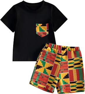 Kid Boys Boho Outfits Short Sleeve T-Shirt with African Graphic Shorts Set Shirts Ankara Dashiki Short Pants 2PC Set