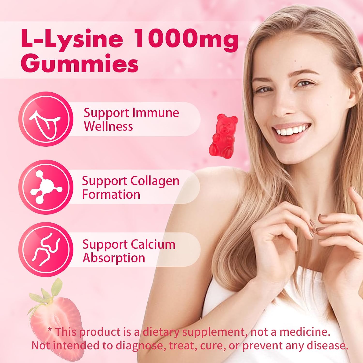 L-Lysine 1000mg Gummies, Chewable Lysine Supplement for Adults & Kids Immune Support, Essential Amino Acid, Vegetarian, Non-GMO, Sugar-Free, Gluten Free, Strawberry Flavor, 120 Counts