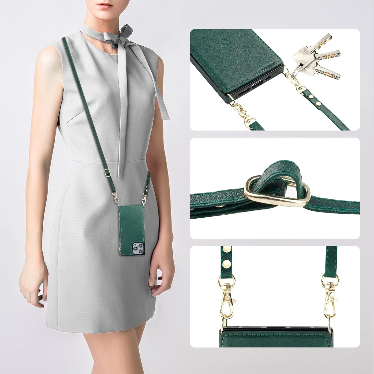 Bocasal Crossbody Wallet Case for iPhone 14 Pro with RFID Blocking Card Slot Holder, Magnetic Flip Folio Purse Case, PU Leather Zipper Handbag with Detachable Lanyard Strap 6.1 Inch 5G (Green) - Image 6