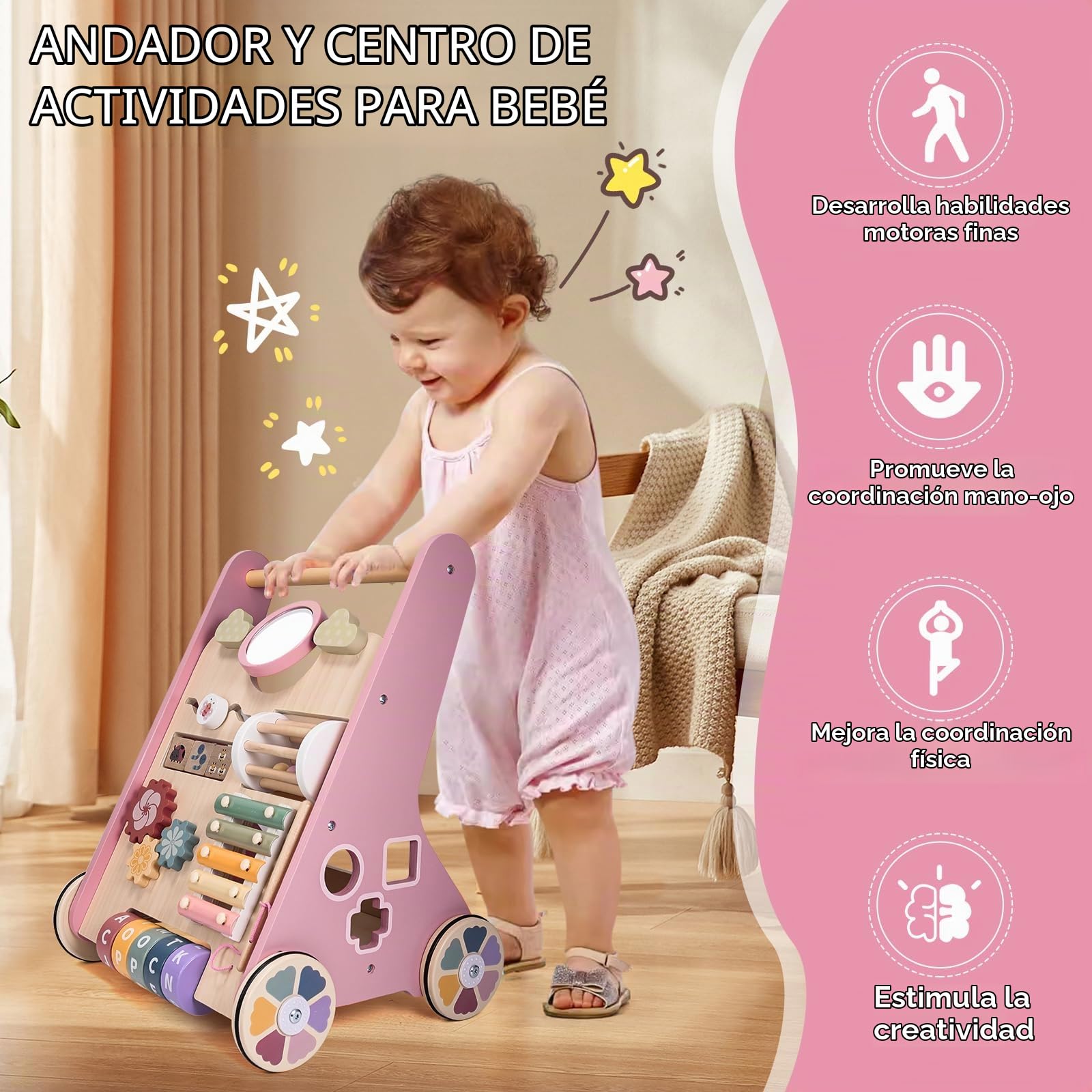 Montessori - Andador de madera para bebés, juguete para actividades de aprendizaje de empujar y tirar, andador de bebé con ruedas para niños y niñas de 1 año, juguete de empuje para niños y niñas de 1
