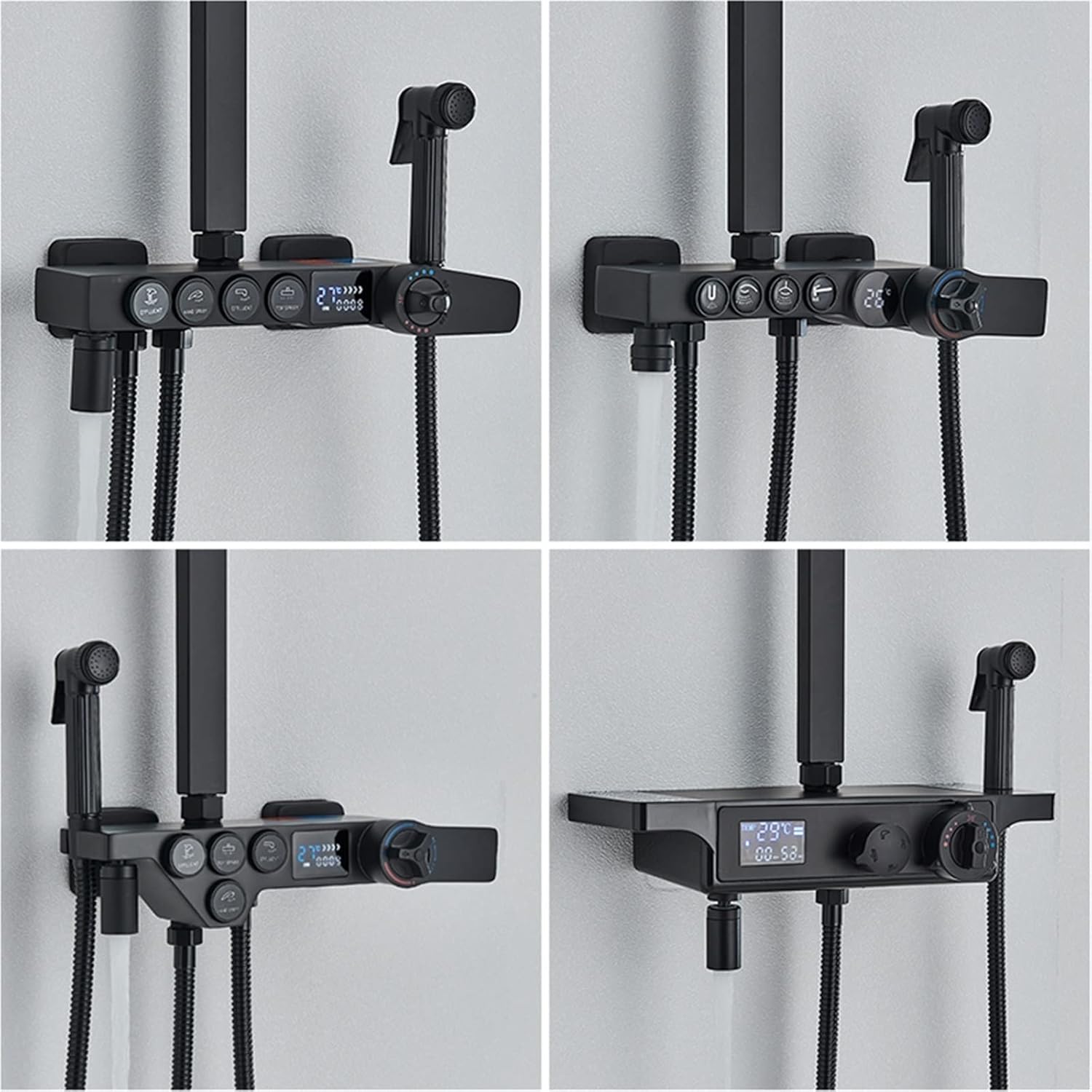 Shower Mixer Matte Black Thermostatic Shower Faucet LCD Digital Display Rainfall Bathtub Tap with Bathroom Shelf Shower Set (Black Hot Gold C) (Black Thermostatic B)