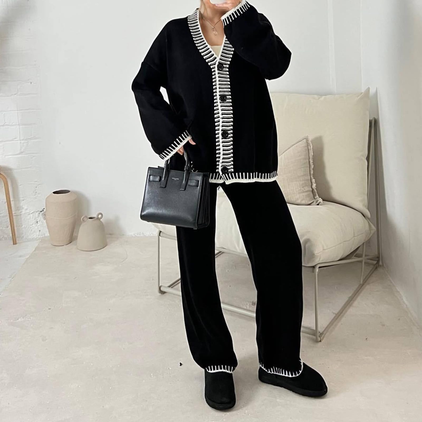 Genérico Elegante Traje de Pantalón Mujer Conjunto Informal Moderno Camisa de Punto Diario Cómodo Botones