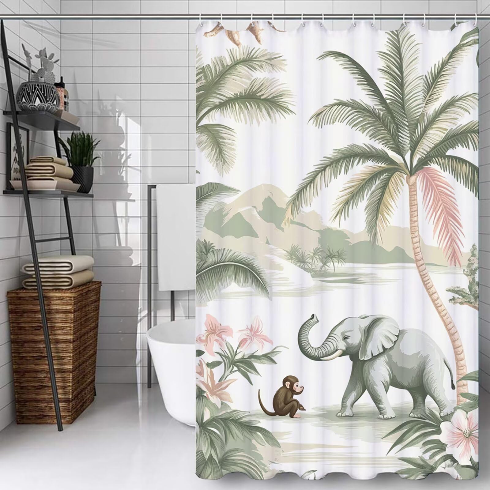 Duschvorhang 200x300 cm Grün, Extra Long Shower Curtain, Wasserabweisend Polyester Stoff, Waschbar Duschvorhänge mit 12 Plastik Ringe für Badezimmer & Nasszelle, Badewanne Gardinen Elefant, L#287