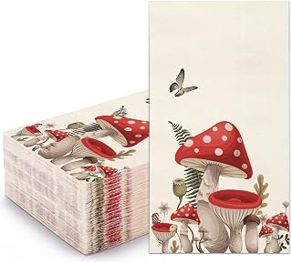 WRAPAHOLIC 50Pcs Mushroom Guest Napkins - 3-Ply Guest Disposable Hand Towels for Bathroom, Home Kitchen Dining Table Party Decorations Supplies - 4.3 x 7.9 In