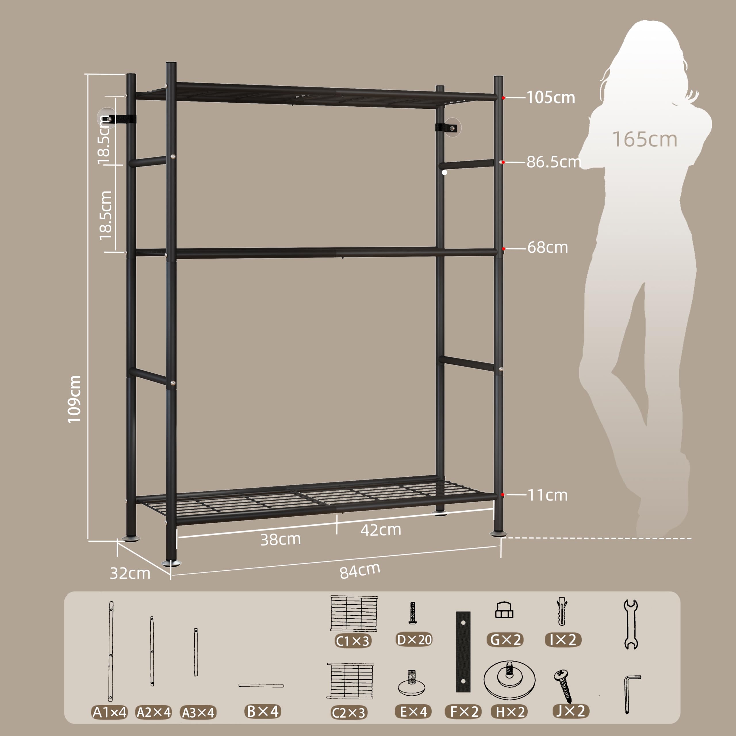 NETEL estanterias almacenaje Cocina de 3 baldas，estanteria Metalica,Altura de los estantes Regulable,Storage Shelves con 4 Ganchos,84 × 32 × 182 cm (L × An × Al)，Negro