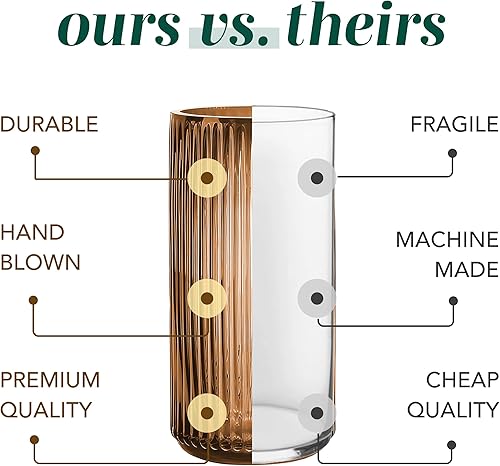 Miniatura 6 de Greenline Goods Florero acanalado con parte inferior redondeada, jarrones de vidrio soplado a mano de miel para flores, diseño acanalado y