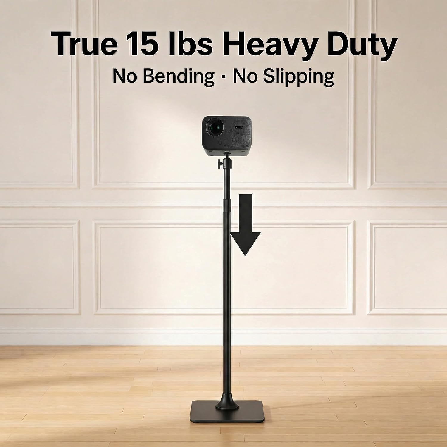 Stable Projector Floor Stand with Patented Base, 15 lbs Heavy Duty, No Wobble, Adjustable Height 36–48", Built-in Cable Management, Universal 1/4"-20 Mount for Bedroom, Living Room & Office