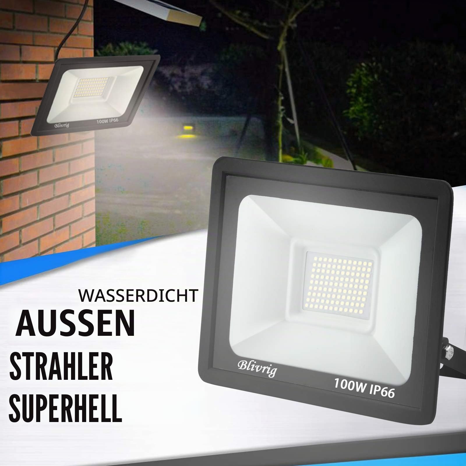 LED Strahler Außen 100W, LED Scheiwerfer 6000K Kaltweiß 10000LM | 120° Abstrahlwinkel, Superhell, Energieeffizient, IP66 Wasserdicht, Großer Beleuchtungsbereich für Außen Gärten Hof Garage
