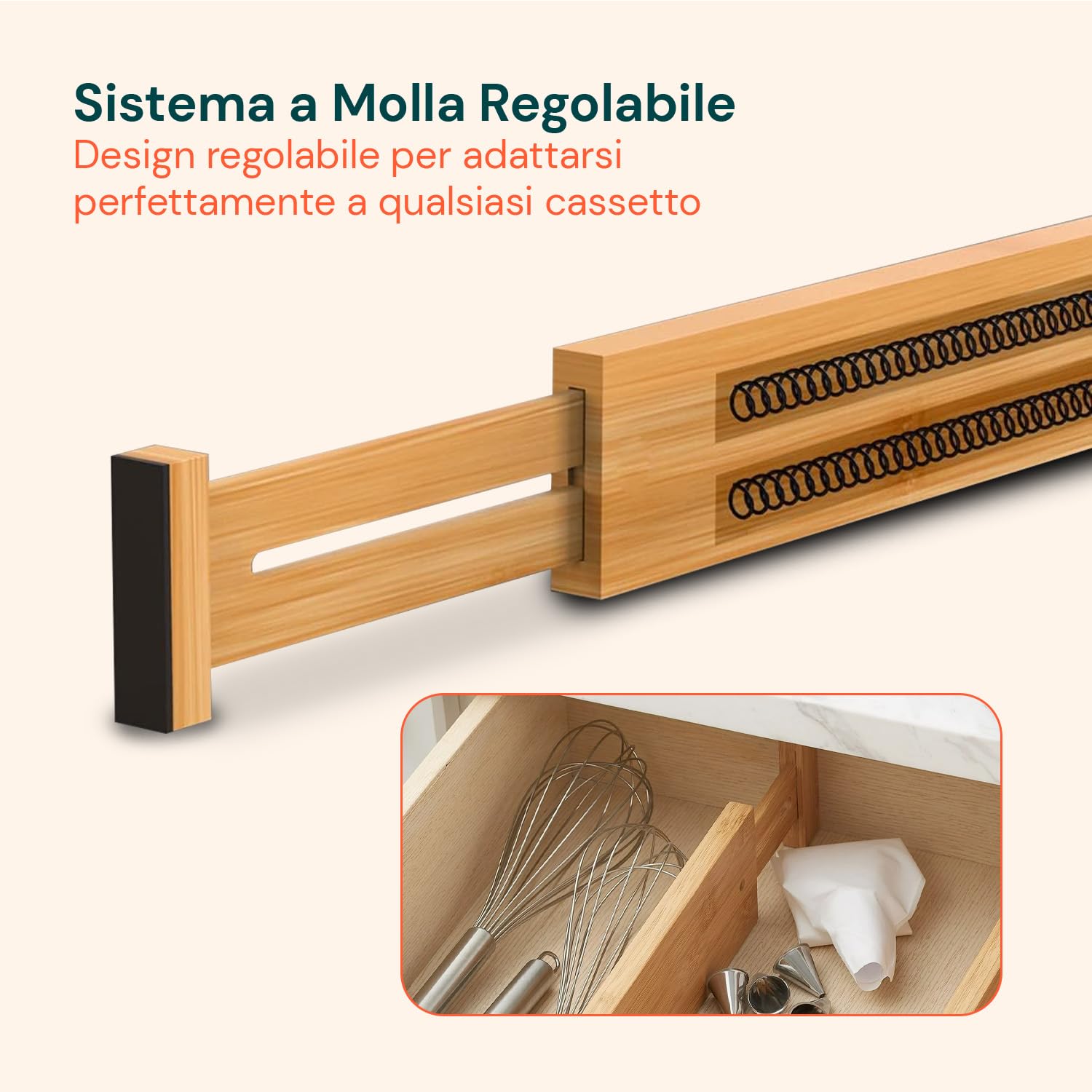 Avilia Divisori per Cassetti Set 4 Bamboo – Organizer Cassetti Regolabili 43–56 cm, Divisori Cassetti Cucina e Biancheria, Sistema a Molla Senza Attrezzi, Antiscivolo Salvaspazio