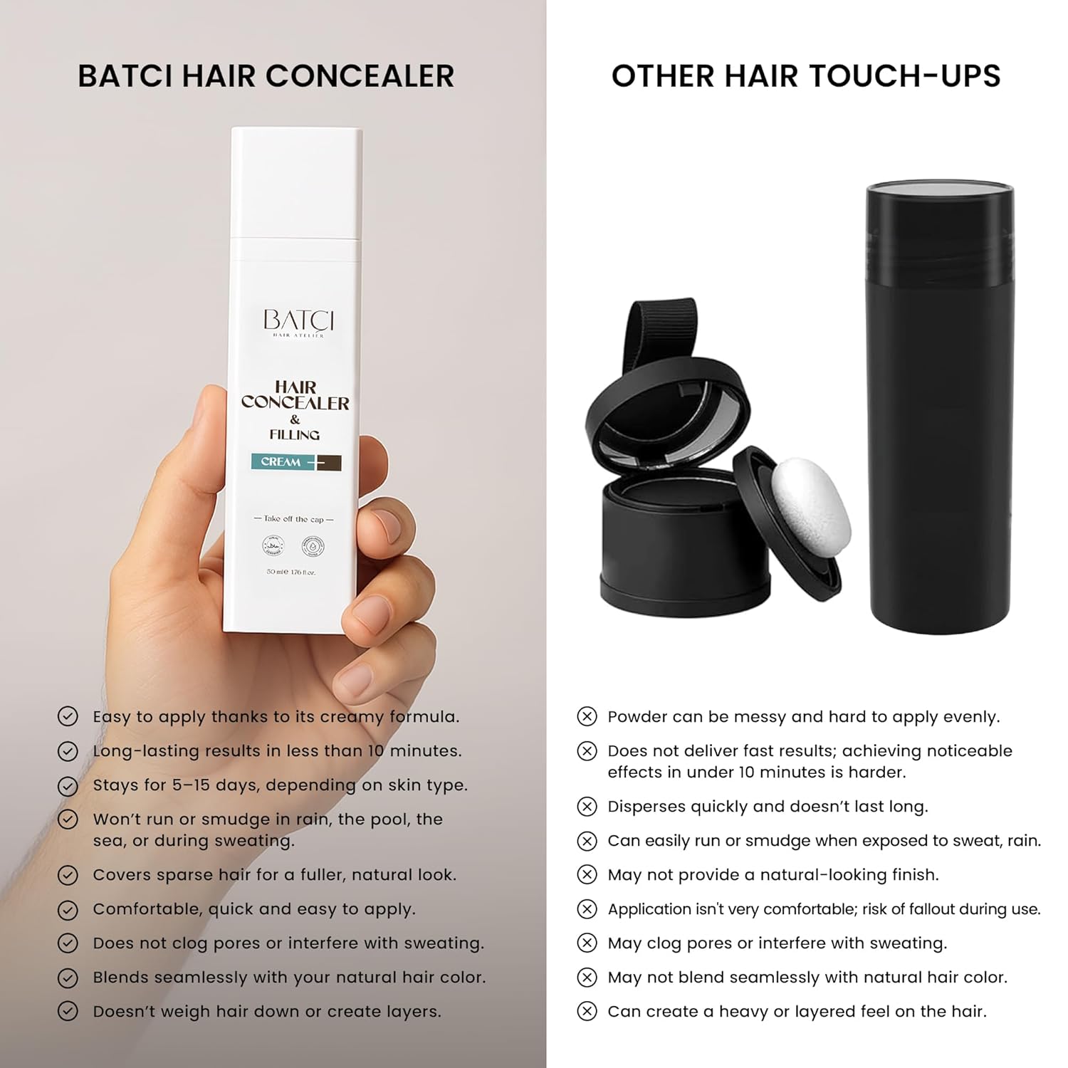 Batcı Hair Concealer & Filling Cream for Bald Spots & Thinning Hair – Waterproof, Sweat-Proof Scalp Coverage – Natural Root Touch-Up Cream for Men & Women – 1.69 Fl Oz 50 ml