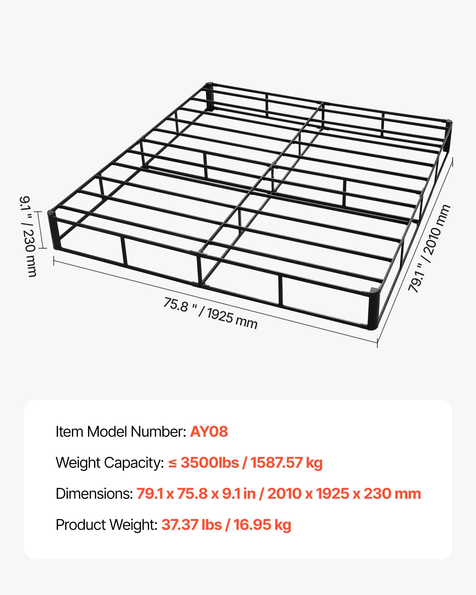 VEVOR Boxspringbettgestell (King-Size) mit Waschbarem Stoffbezug, Metallrahmen (2010 x 1925 x 230 mm) für Queensize-Betten, 23 cm Matratzenauflage, Max. Belastbarkeit 1587,57 kg, Matratzenfundament