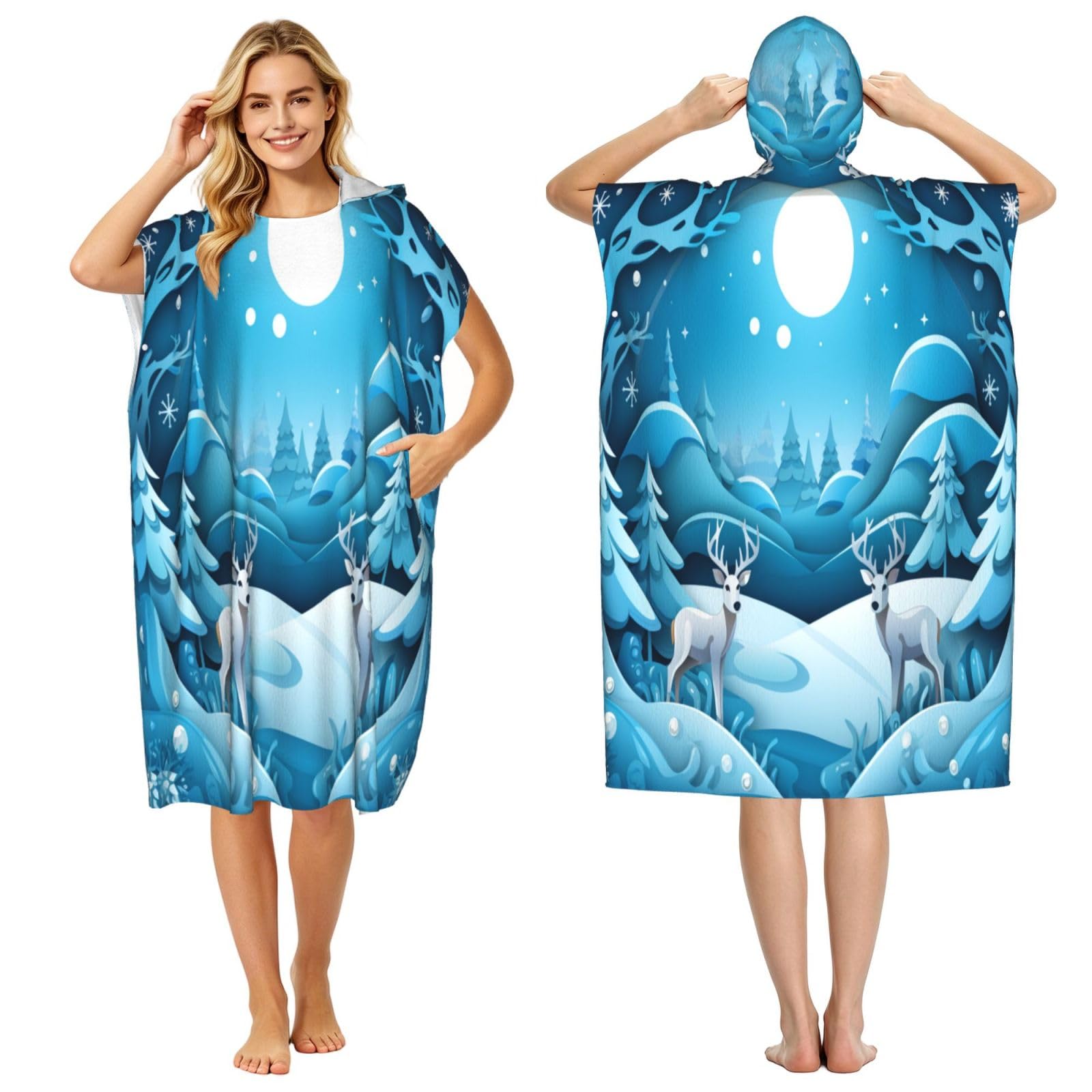KLGRTJHK Winter Forest Adult Hooded Beach Poncho Towel 43"X35"