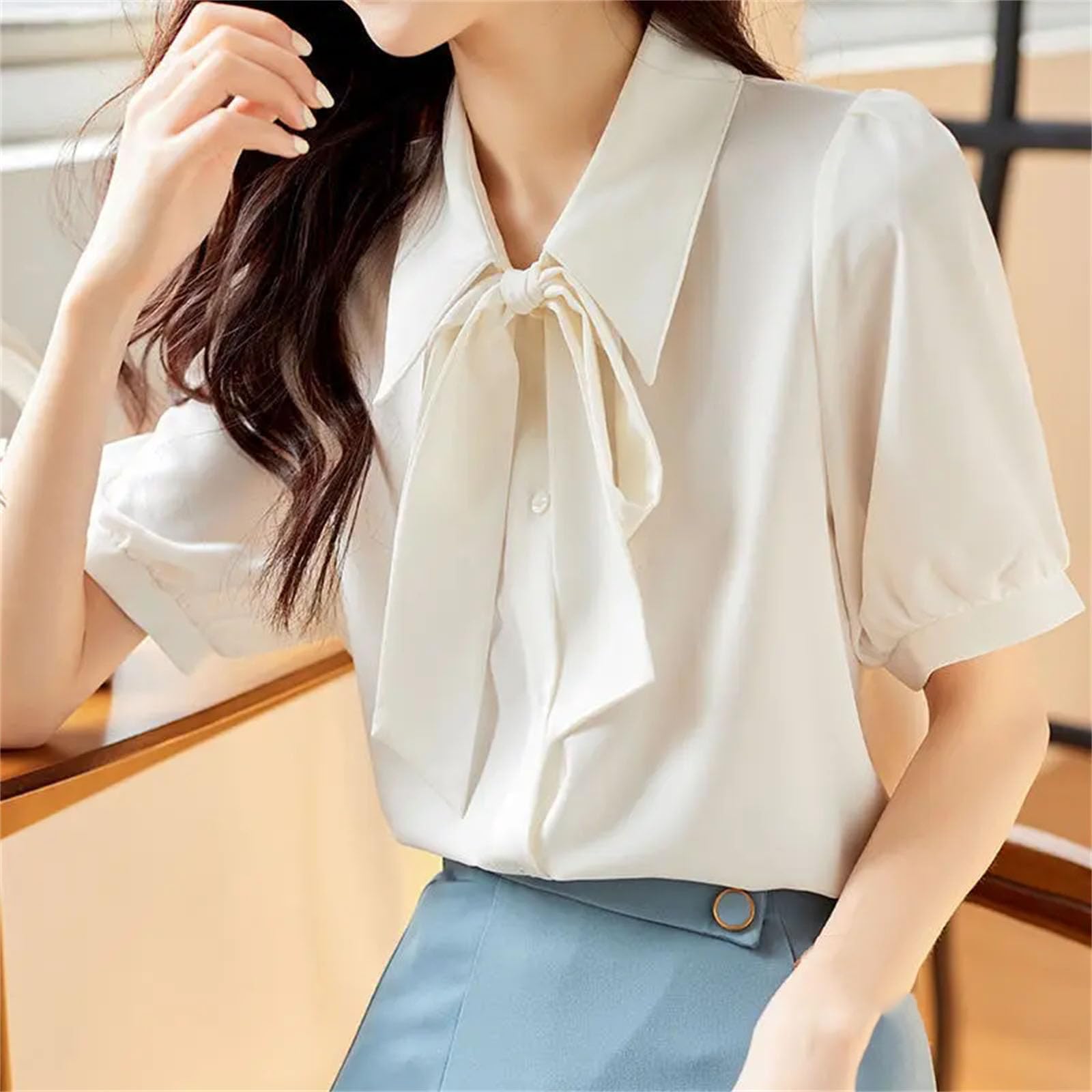 Camicetta patchwork con fiocco in chiffon bianco manica corta sciolto solido camicia da ufficio top abbigliamento casual da donna