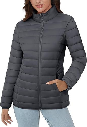 MAGCOMSEN Chaqueta acolchada ligera para mujer, con 3 bolsillos, con cremallera, cuello alto, abrigo de forro polar de invierno