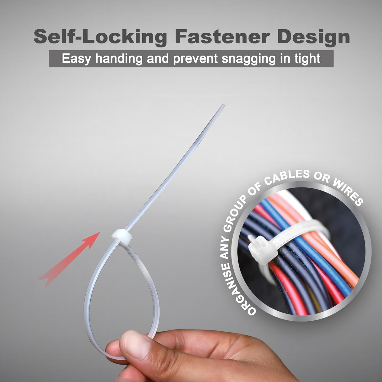 Dekton 100PC Cable Tie Set - 4.8MM X 200MM White | Heavy Duty Industrial Strength | High Temperature Resistant | Self-Locking Teeth | Ideal for Cables, Piping, Gardening & Wires | Indoor & Outdoor Use