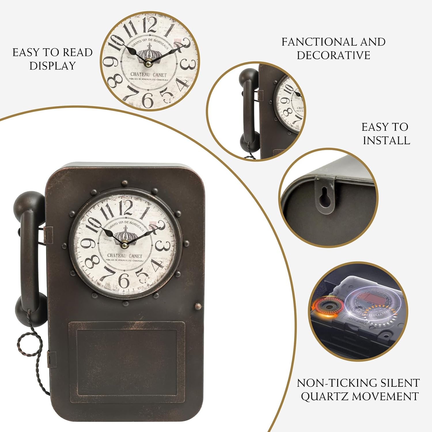 Antique Wall Clock Vintage Clock with Hidden Storage Compartment, Little Brown Black Telephone Wall Clock,Large Retro Style Vintagel Clock