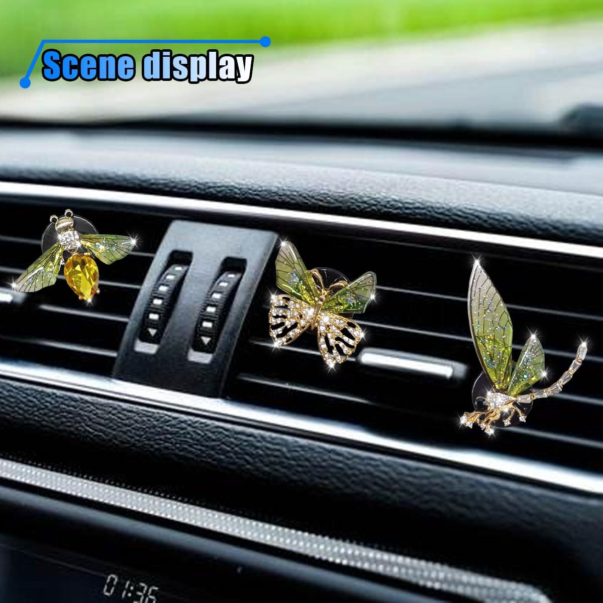 3PCS Bling Car Air Vent Clips - Crystal Rhinestone Bee Butterfly Dragonfly Air Conditioning Outlet Clip Charm for Car Dashboard - Cute Auto Interior Decoration for Women (Green)