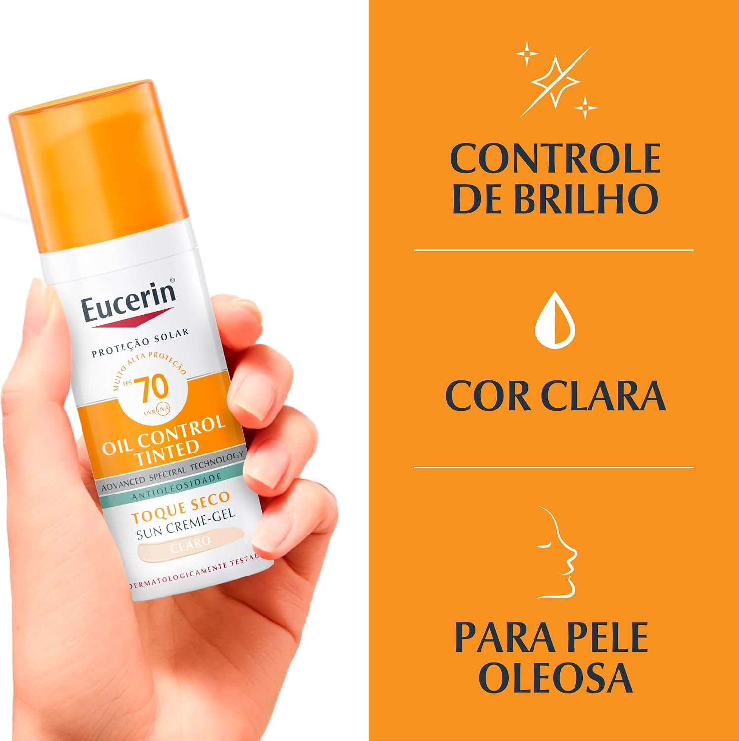 EUCERIN Protetor Solar Facial Oil Control Cor Clara FPS 70 50ml, Antioleosidade, Proteção UVA, UVB e Luz Visível, Pele Oleosa