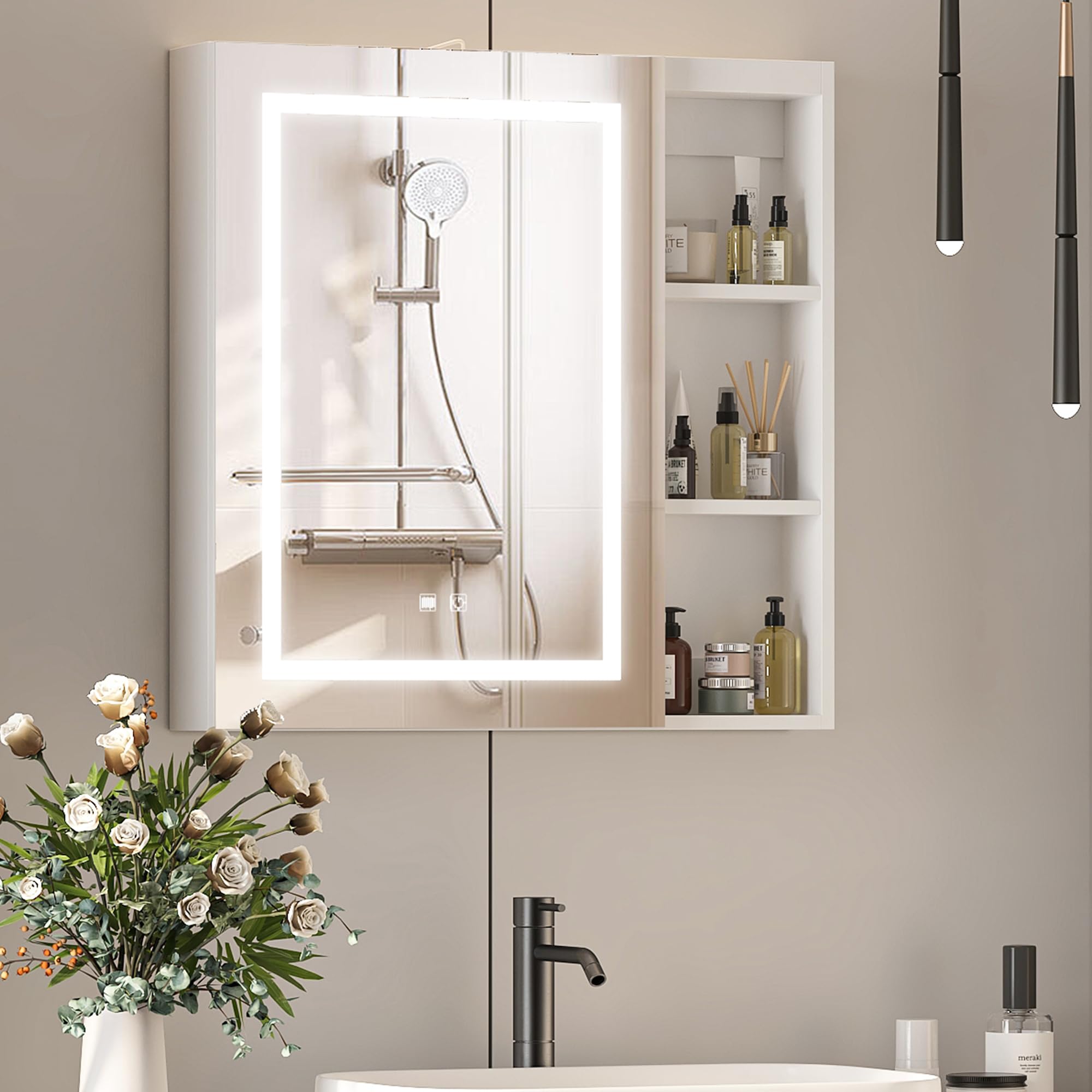Mepplzian 70x70 Bathroom Mirror Cabinet with Shaver Socket,3Color Bathroom Cabinets with Lights,Demist Bathroom Cabinets with Mirror,Illuminated Mirrored Bathroom Cabinets Wall Mounted with Open Shelf