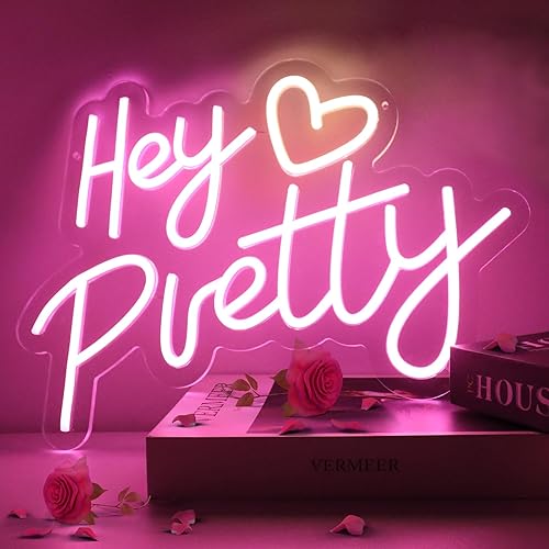 Miniatura 1 de Cartel de neón Hey Pretty con brillo ajustable, letreros de neón rosa para decoración de pared, letrero LED alimentado por USB, decoración de pared