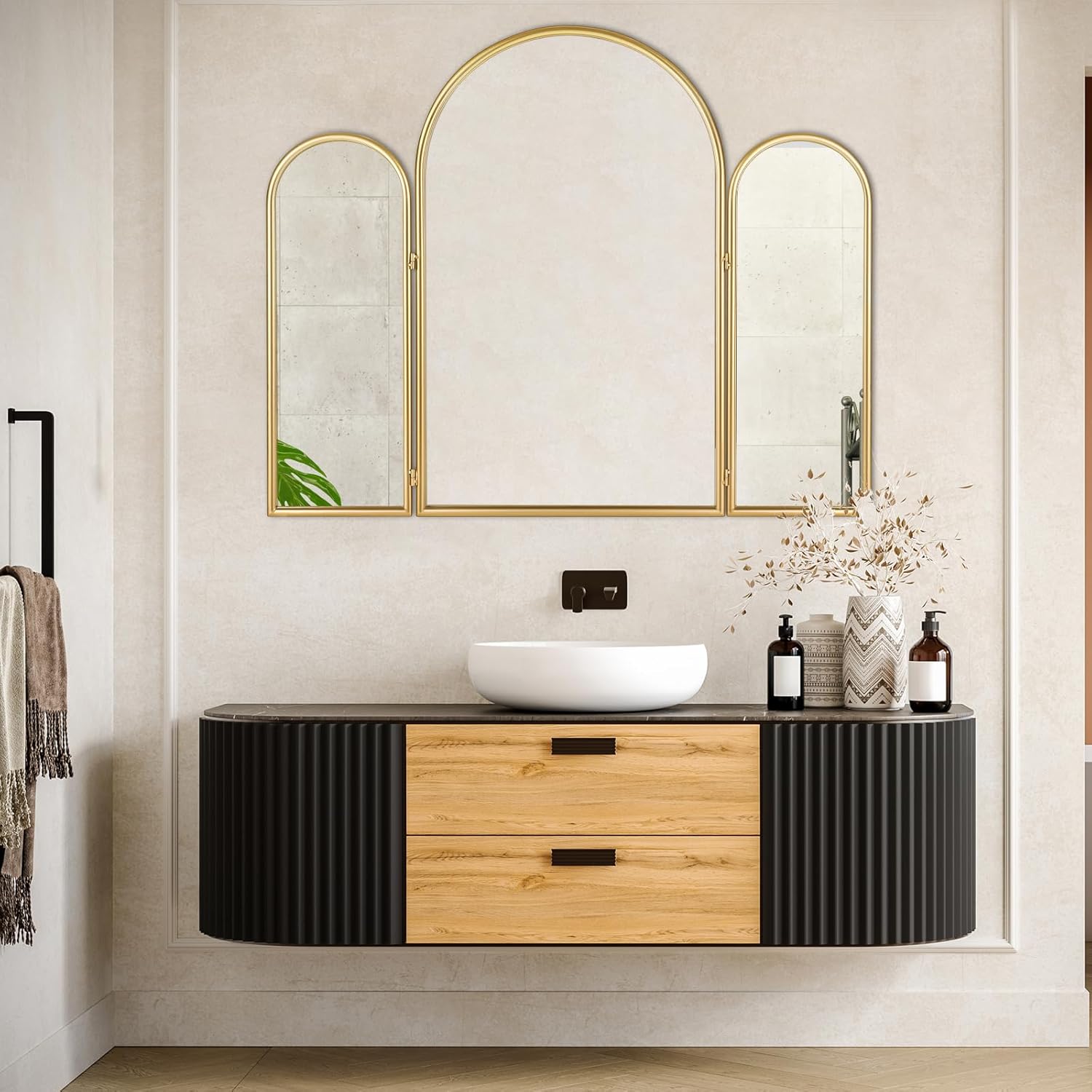 Tri-Fold Vanity Mirror 3 Way, 37"x30" Gold Arched Vintage Mirror with Metal Frame, Rotation for Bathroom, Bedroom Vanity (Makeup, Hair Braiding), Entryway, Living Room