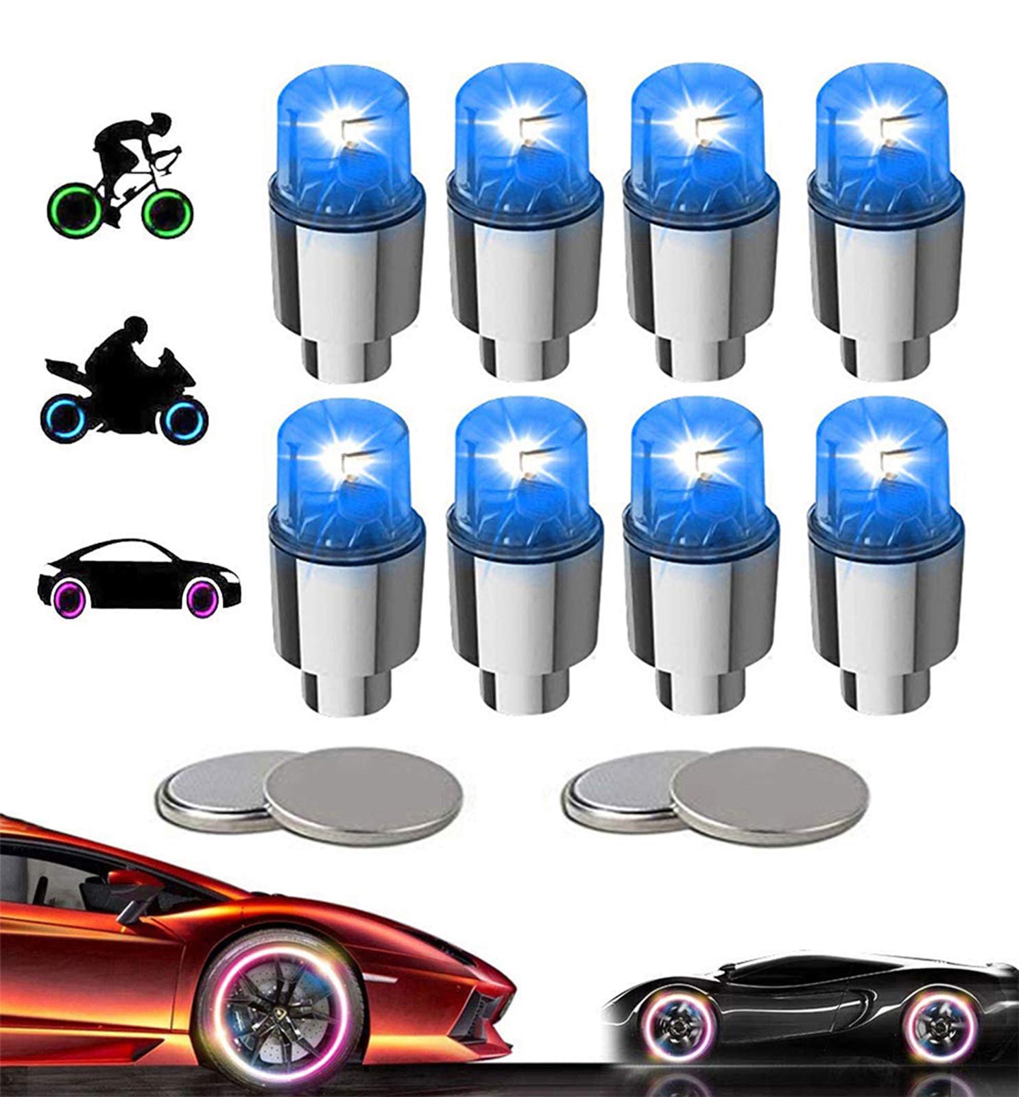 8 Pack LED Valve Stem Caps Lights for Car Tires Wheel Assemblies Light up Air Neon Bicycle Motorcycle Tyre Bike Truck Golf Cart for Kids Men Women(8 Blue)