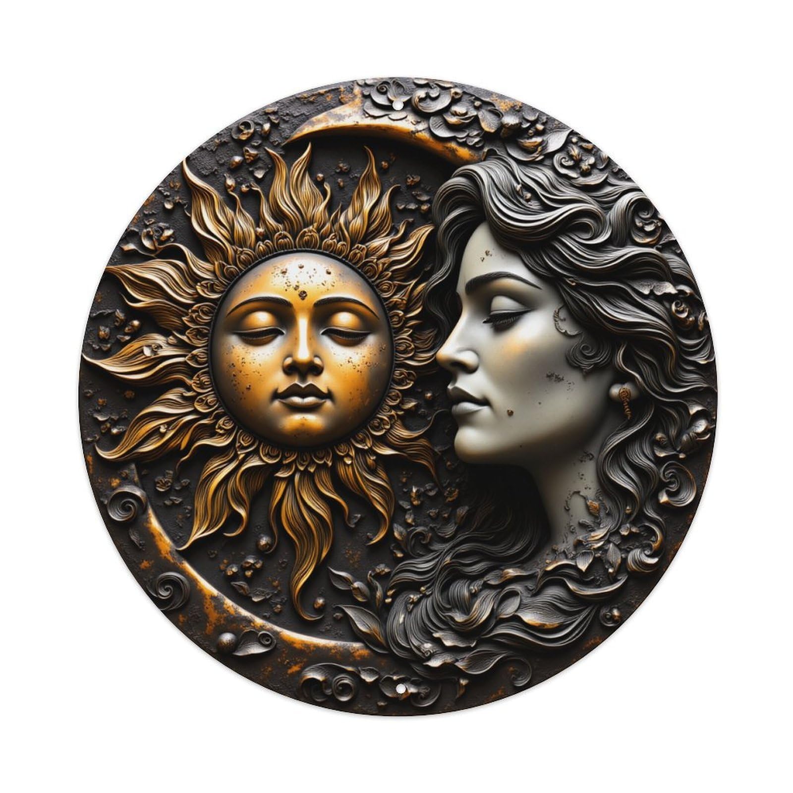 Sun And Moon Faces Artwork Round Tin Sign Retro Metal Sign for Cafe Bar Pub Home Game Room Gym Club Wall Decoration Vintage Metal Poster 8x8 Inch