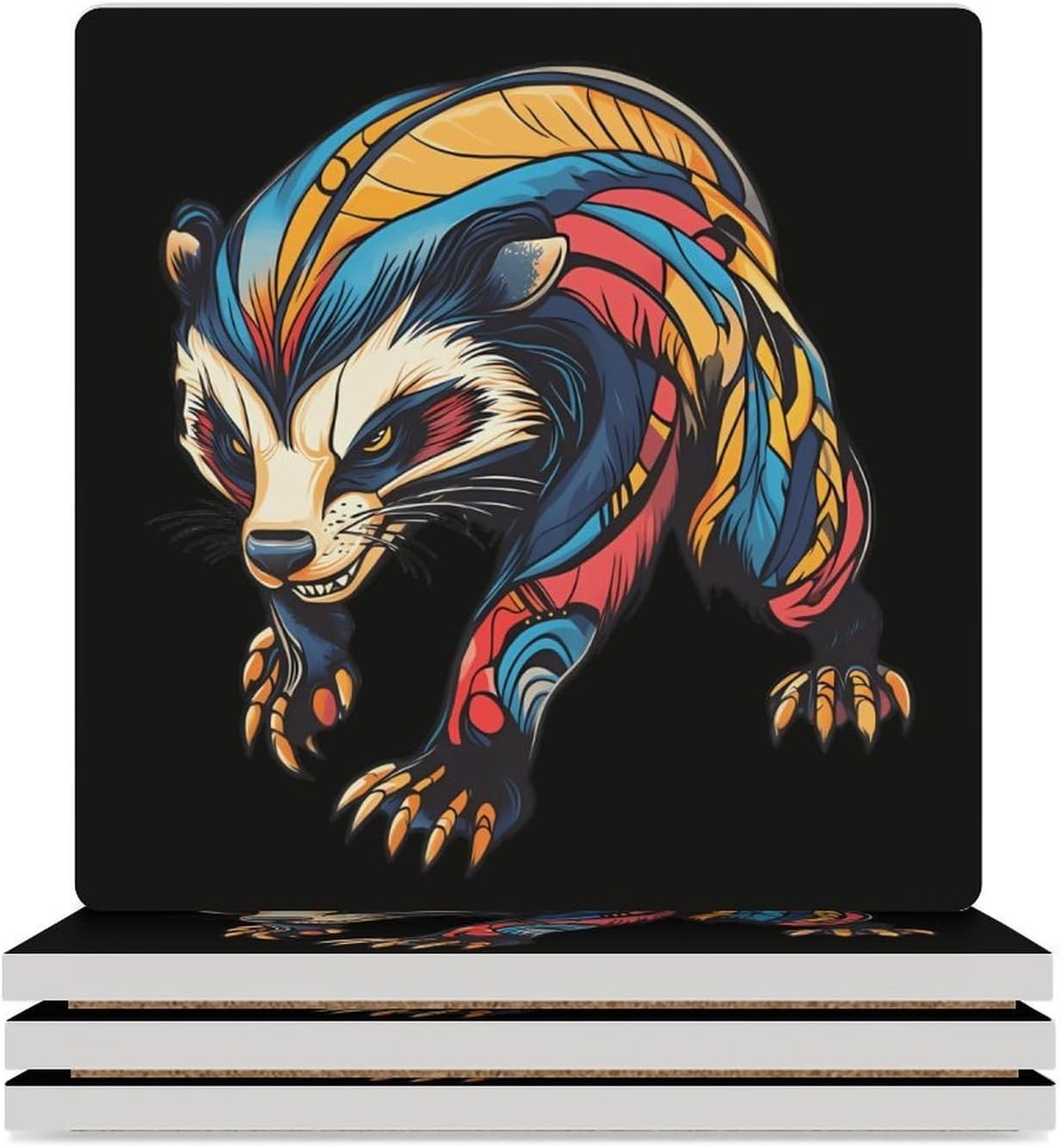 Colorful Aggressive Badger Funny Ceramic Coasters for Drinks Absorbent Cup Holder Tabletop Protector with Cork Base