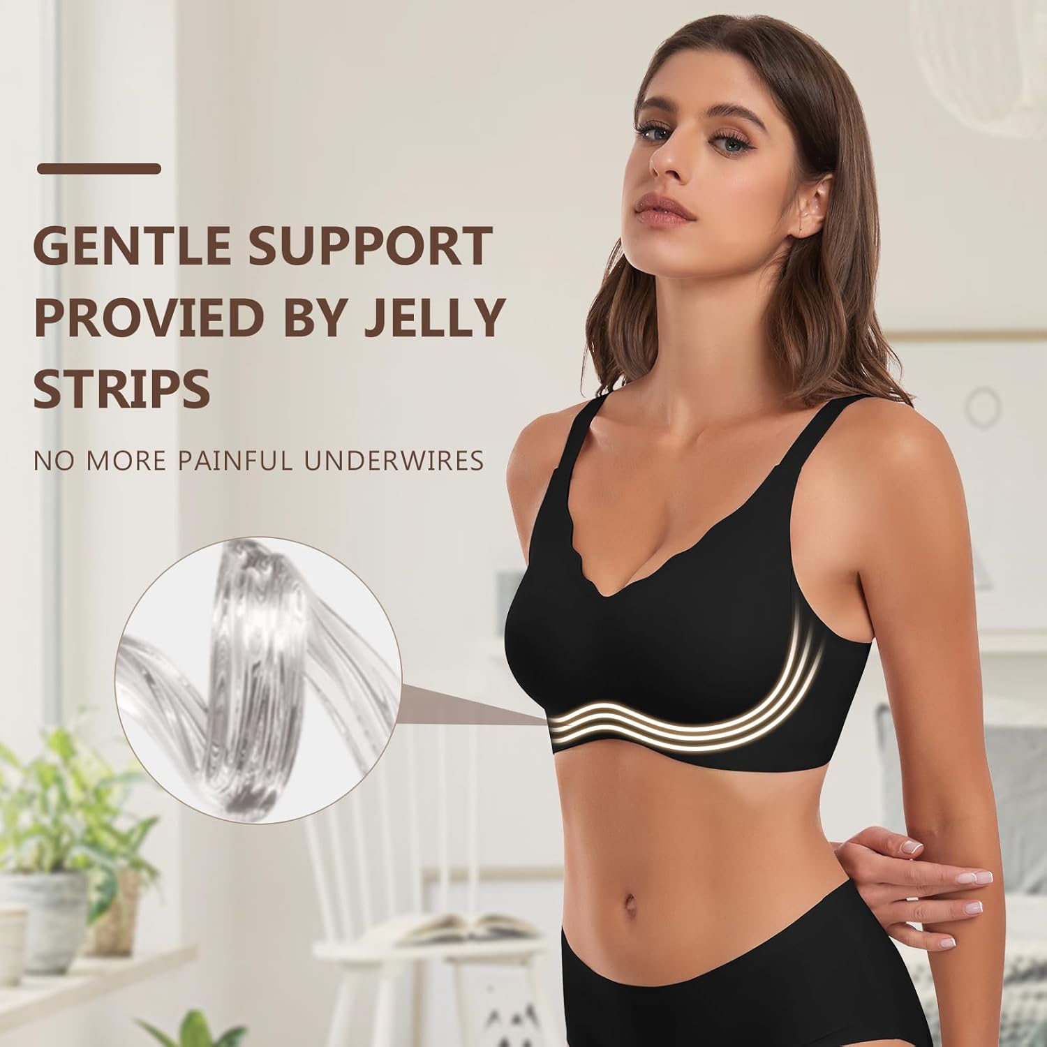 WOWENY Wireless Bras for Women No Underwire Seamless Bra Wavy Full Coverage Wide Strap V Neck Bralette Padded Push Up - Image 2