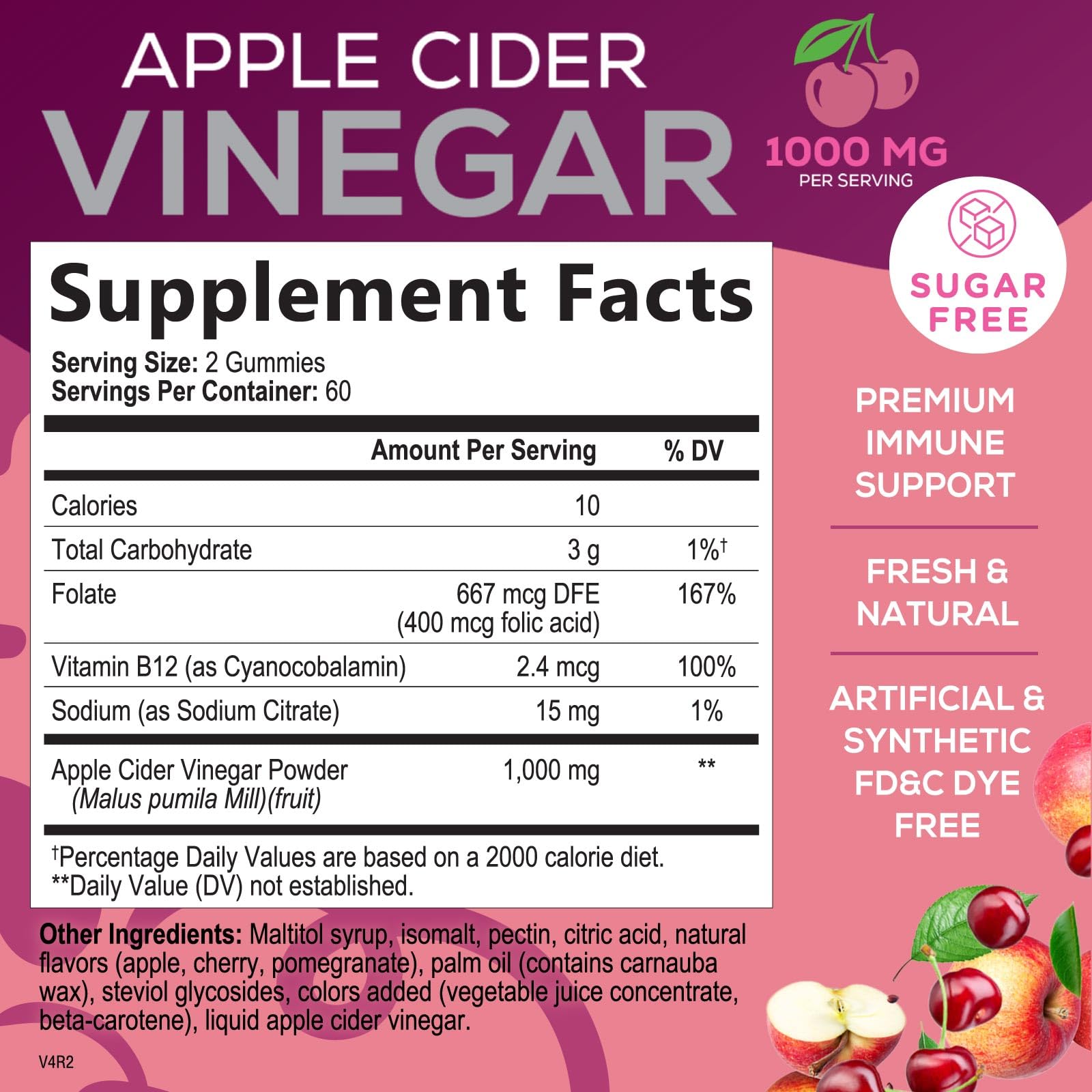 Apple Cider Vinegar Gummies 1000mg - Sugar Free ACV Gummy with Vitamin B12 for Energy Support - Digestion, Detox & Cleanse Support Supplement - Gluten-Free, Keto Friendly, Zero Sugar - 120 Gummies — Amazon image 2