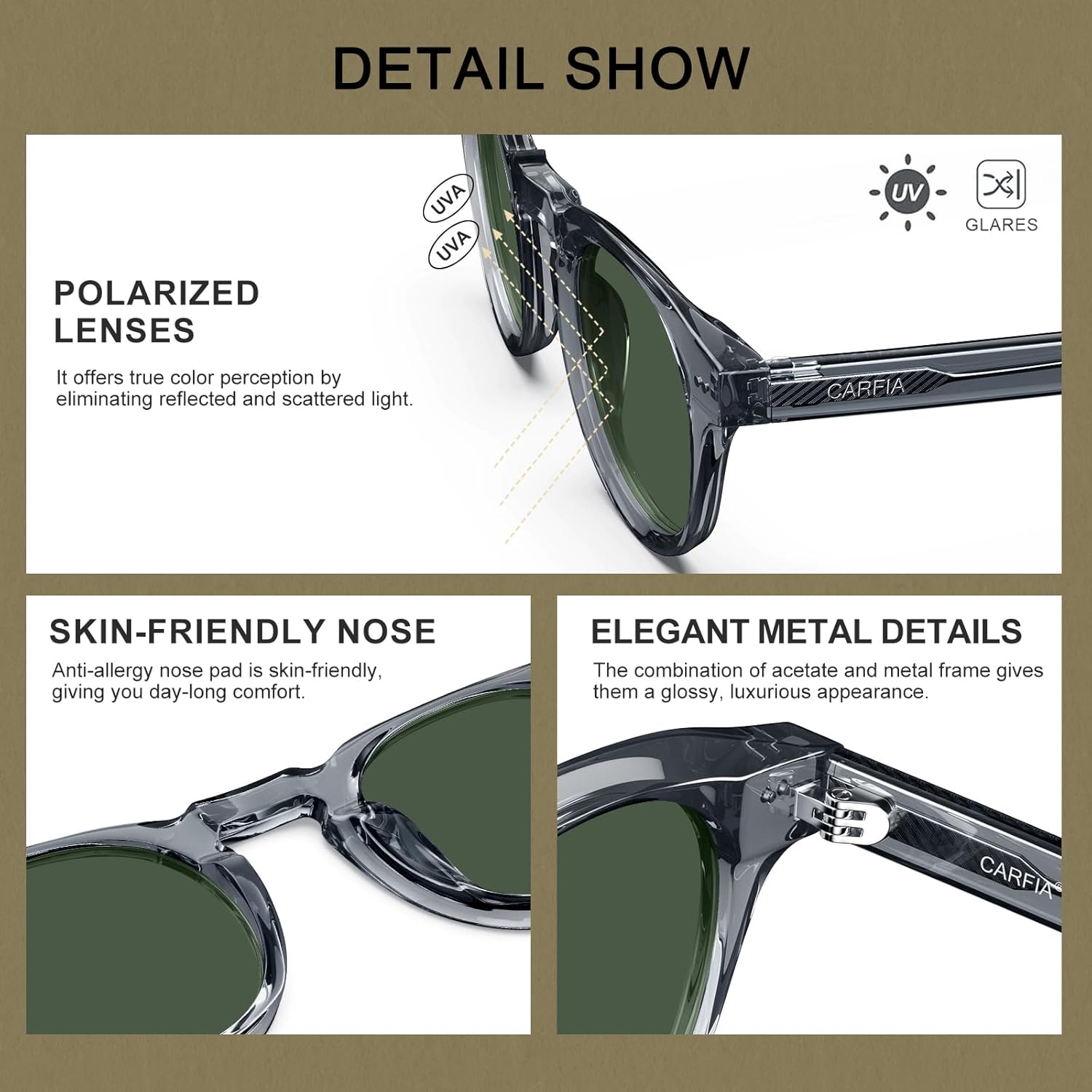 CARFIA Retro Polarized Mens Sunglasses Womens UV400 Protection, Chunky Acetate Classic Vintage Shades - Image 3