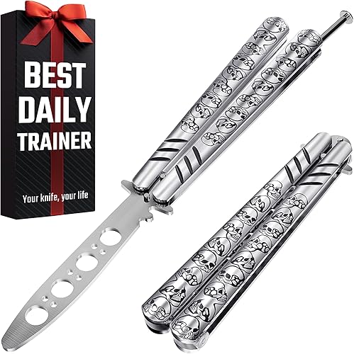 Cuchillo de mariposa - Balisong Trainer - Entrenador de mariposa de práctica de plata con pestillo de resorte seguro - Cuchillos Balisong no son
