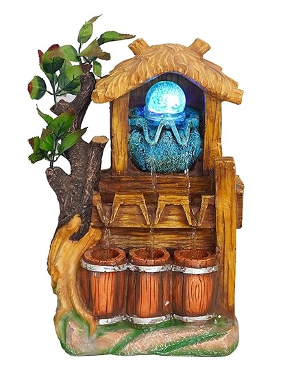 CHRONIKLE Polyresin Designer Table Top Hut Style Home Decor Indoor 2 Steps Waterfall Fountain with LED Lights, Speed Controller Pump & Crystal Ball (Size: 36 x 23 x 18 CM | Color: Multi)