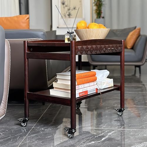 Wooden Sofa Side Table with Wheels, 2-Tier Rolling Tea Cart