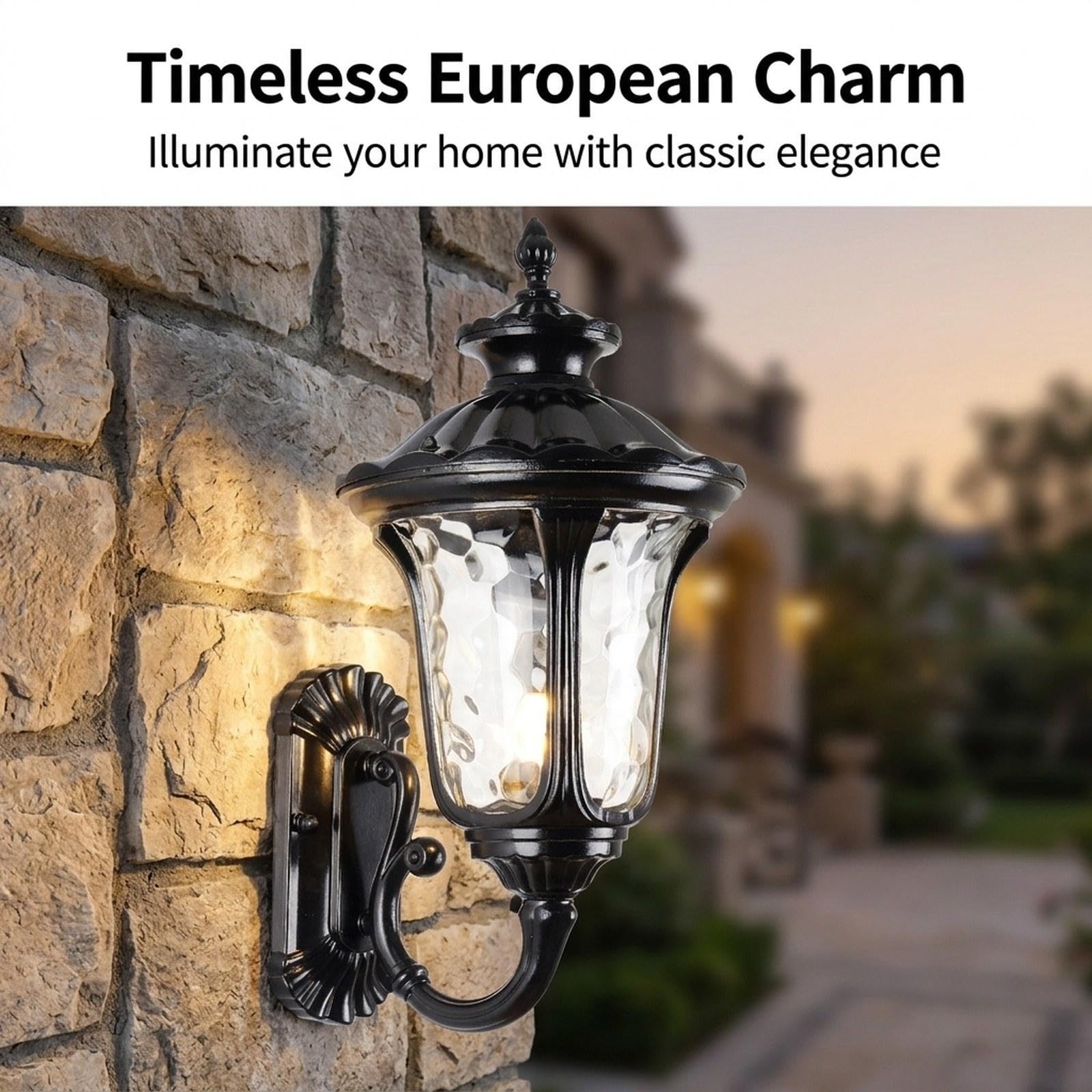 Applique Murale Extérieure Classique Européenne avec Douille E27, en Aluminium et Verre Résistant à l'eau, Offrant Une Luminosité Accueillante, Noir 23 Cm X 50 Cm