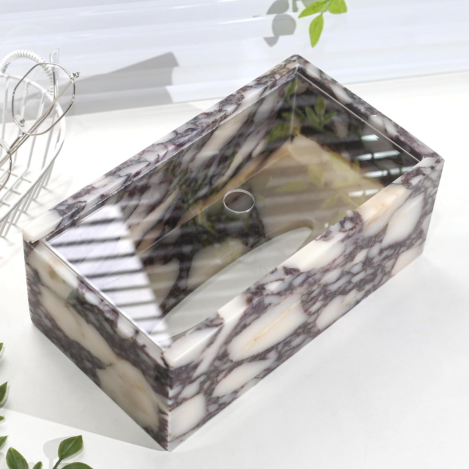 Noble and Light Luxury Natural Travertine Marble Household Tissue Box for Bathroom | Office | Desk | countertop | Vanity | Bedroom | Bedside Table |Calacatta Viola