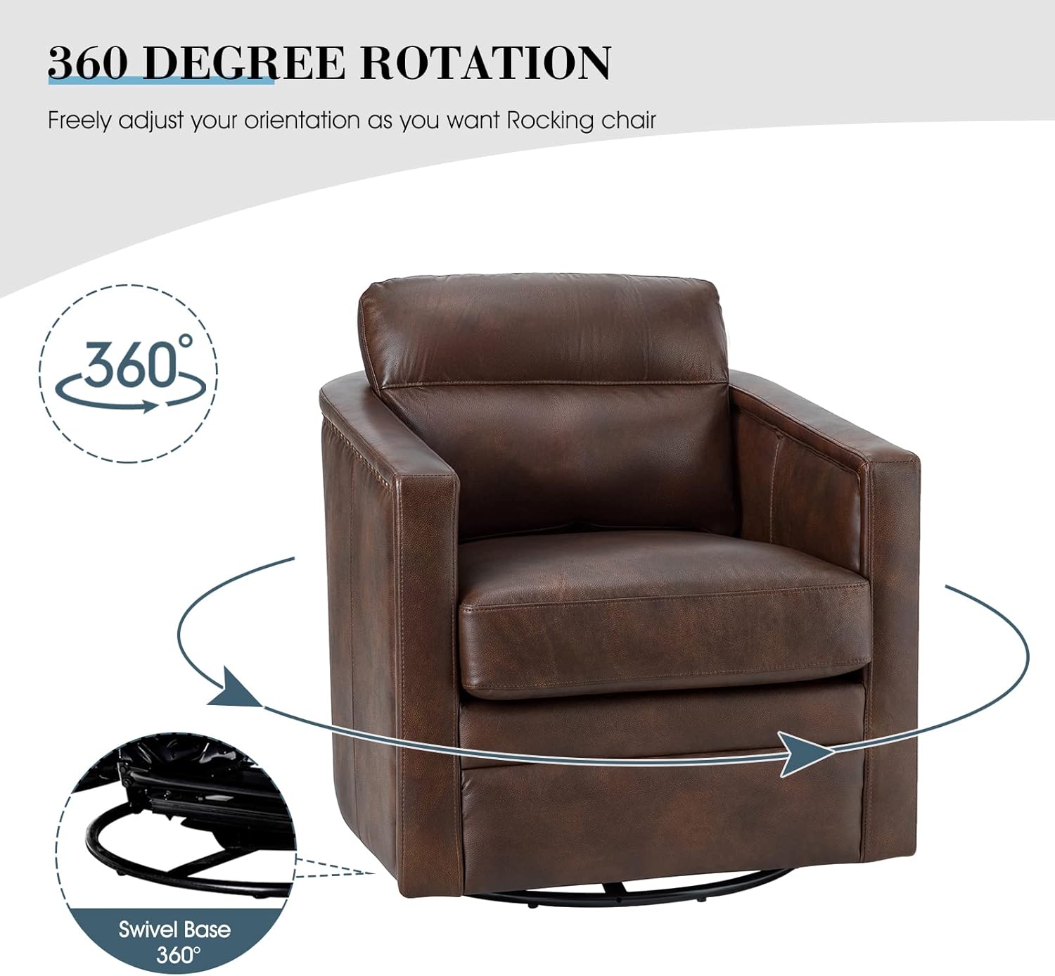 HULALA HOME Modern Swivel Chair Set of 2, Genuine Leather Barrel Club Chair with Metal Base & Removable Cushion, Accent Armchair Single Sofa Seat for Living Room, Bedroom, Home Theater, Choclate