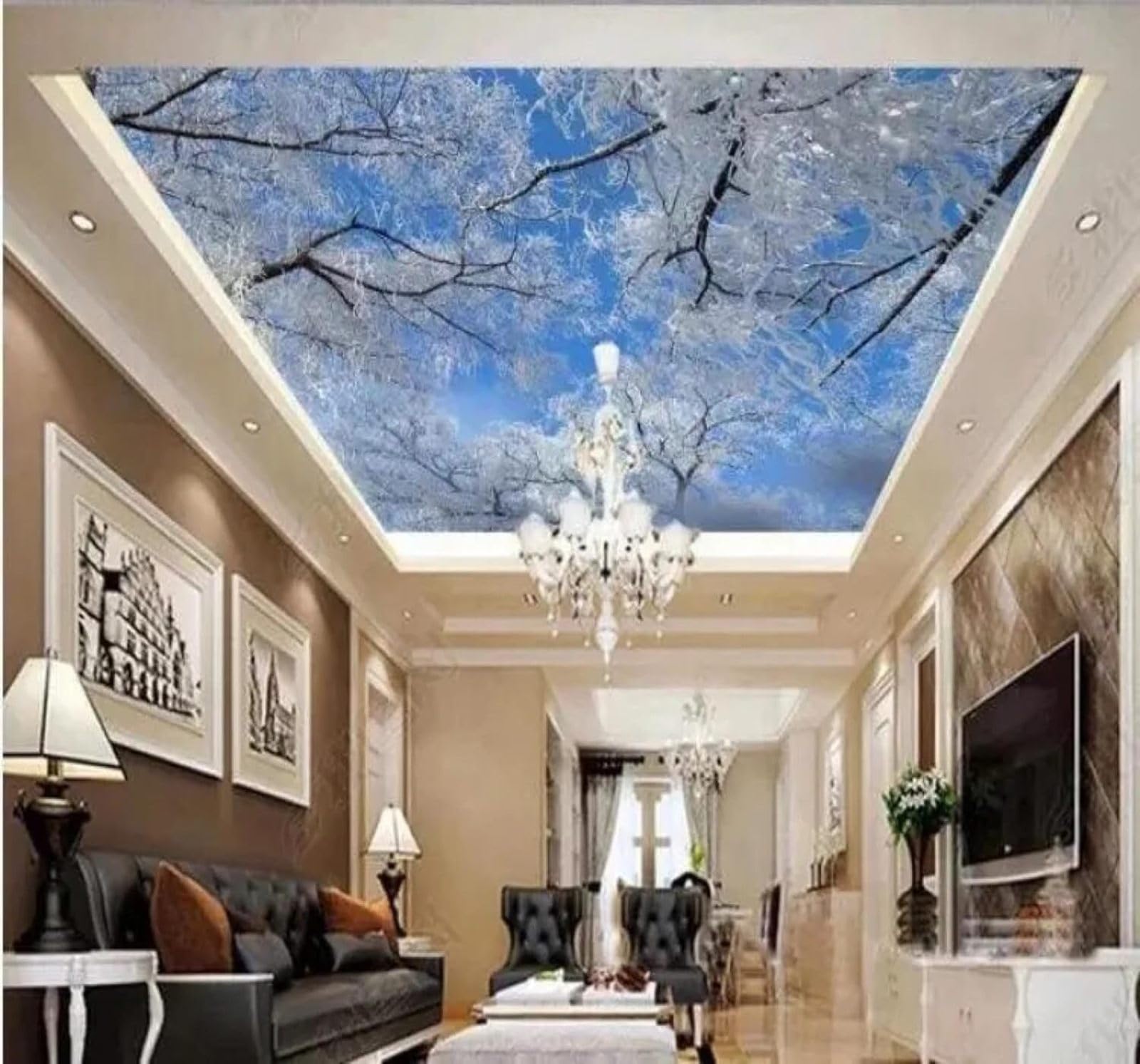 XLMING Beautiful Sky Branches Winter Snowy Landscape 3D Wallpaper Silky Texture Home Study Office Grey Dining Room Sofa Bedroom Living Room TV Backdrop-430cm×300cm