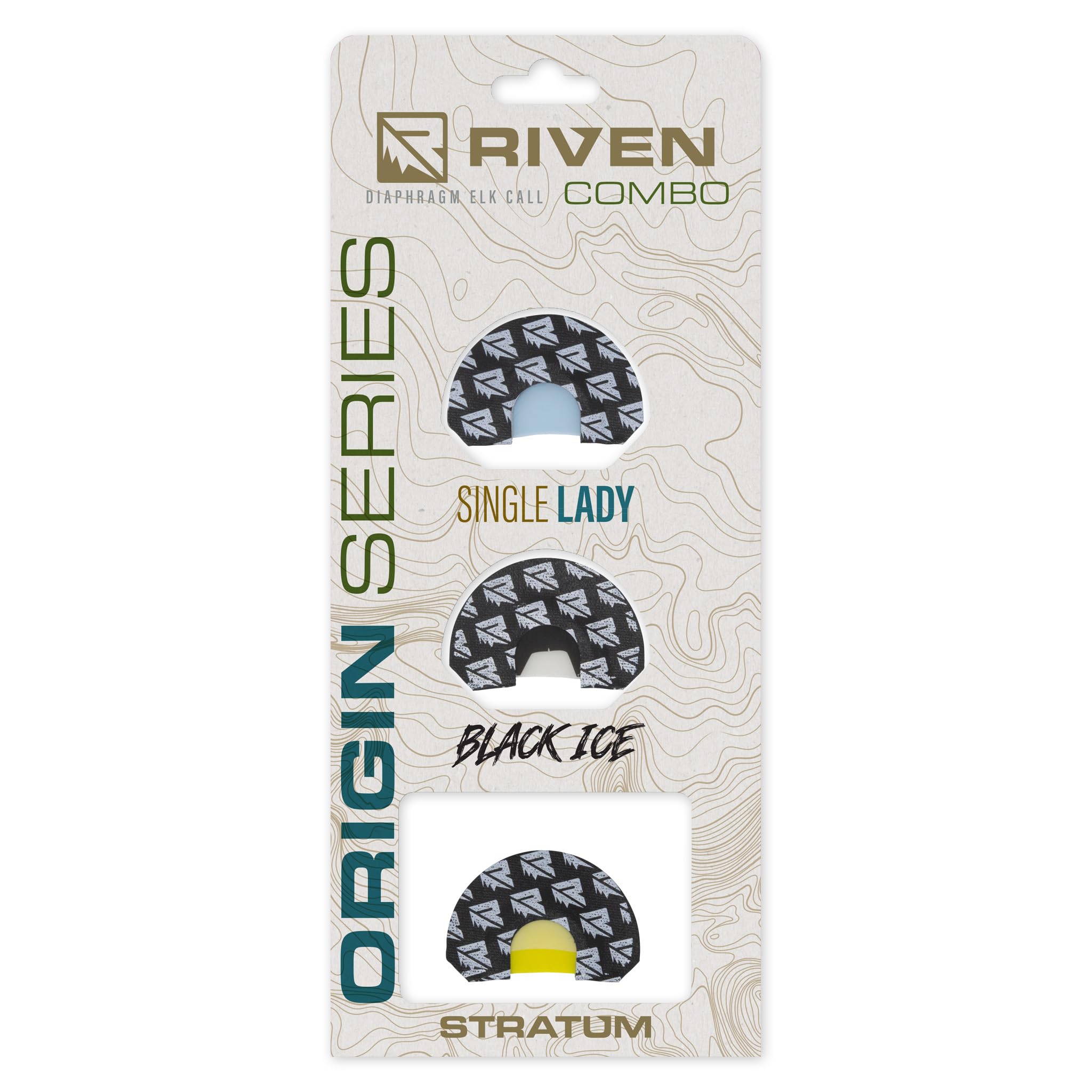 RIVEN Origin Series Elk Call Combo 3 Pack for Hunting | Perfect Variety of Reeds for Cow, Calf & Bull Sounds | Includes Single Lady, Black Ice & Stratum Large Frame Mouth Calls & One Carry Case