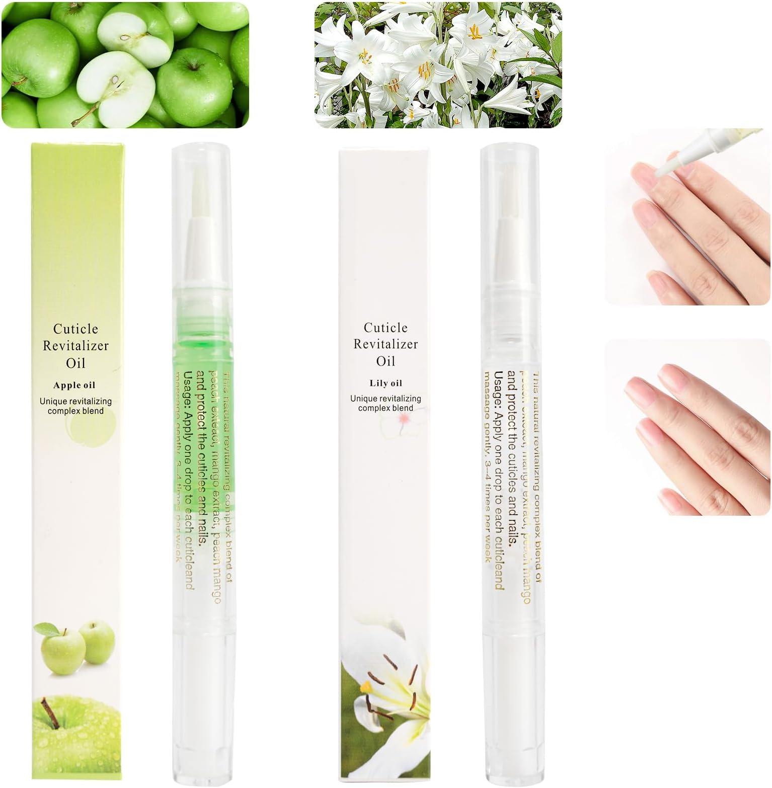 2PCS Cuticle Oil Pens for Nail Care,Cuticle Revitalizer Oil Pen with Soft Brush,Cuticle Oil to Prevent Nail Cracking and Dry (Lily & Apple Flavor)