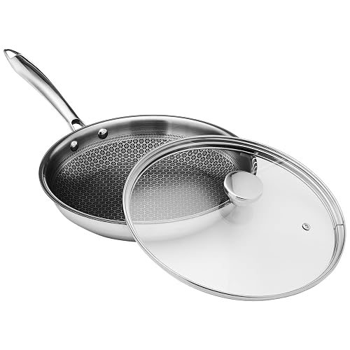 Amazon Basics Non-Stick Honeycomb Triply Stainless Steel Frying Pan with Glass Lid, 24 cm - 1.7L, Fast & Even Heating, Induction & Gas Compatible