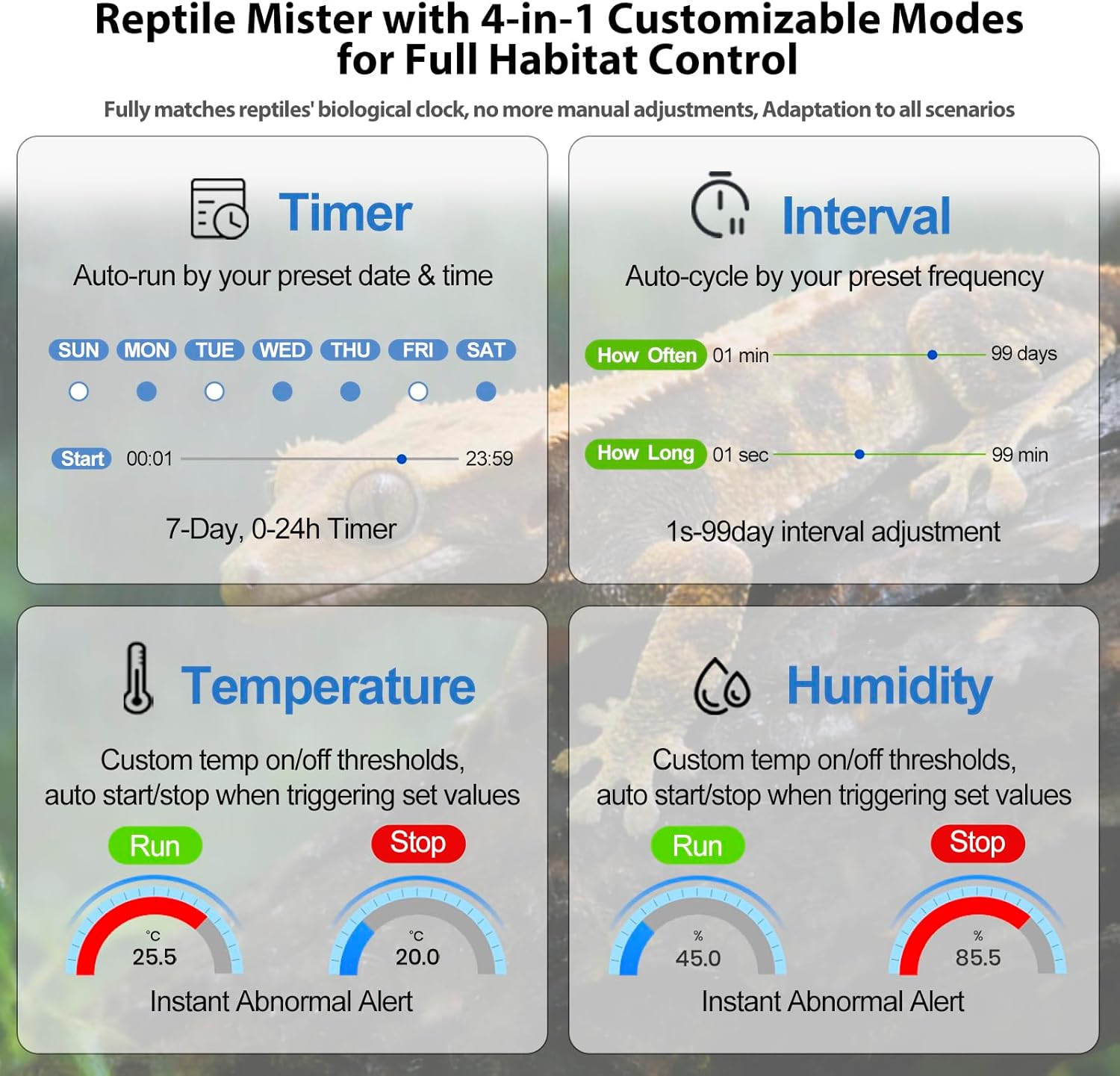 J&A Reptile Mister Automatic Misting System with Temp & Humidity Probe, Adjustable Spray Nozzles, Quiet Operation for Reptile Tank & Terrarium, Suitable for Lizards, Chameleon, Snakes (Grey & Black)